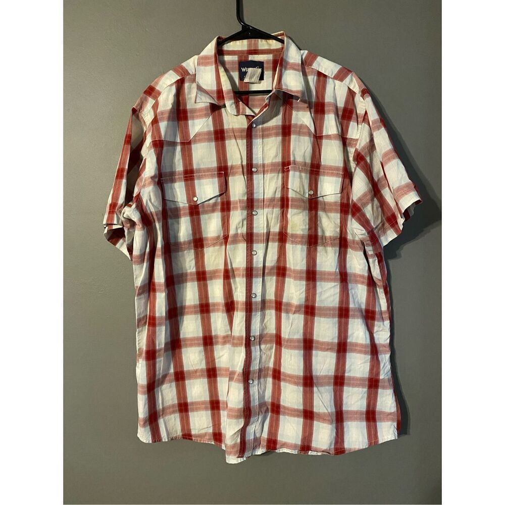 Wrangler Red And White Plaid Button Up Pearl Snap Western Short Sleeve XL